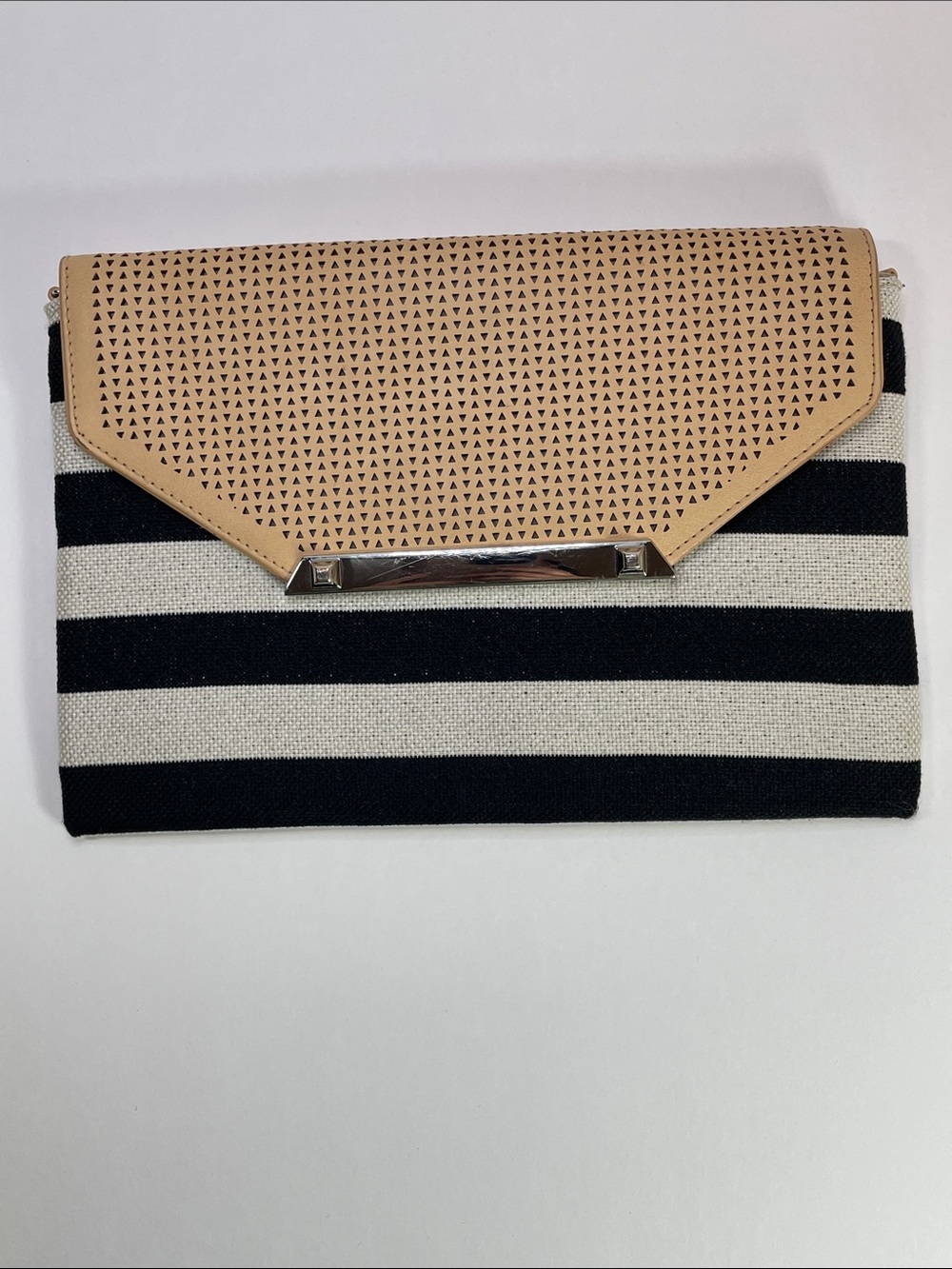 Stella & Dot Striped Black & Cream Clutch with Tan Flap